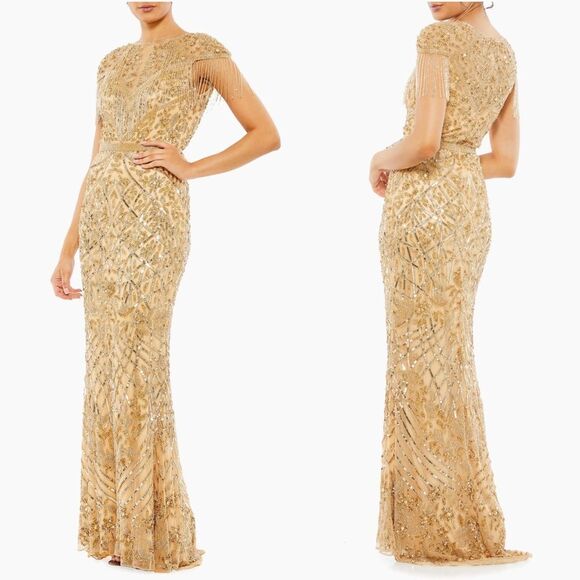 Mac Duggal 4715 Embellished Fringe Cap Sleeve Trumpet Gown, Light Gold, Size 8